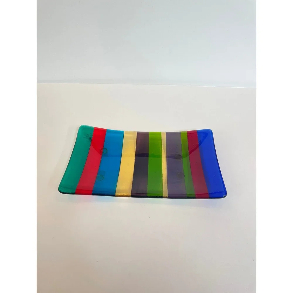 Artisan Signed Fused Glass Striped Tray Rainbow Rectangular‎ Decorative Dish